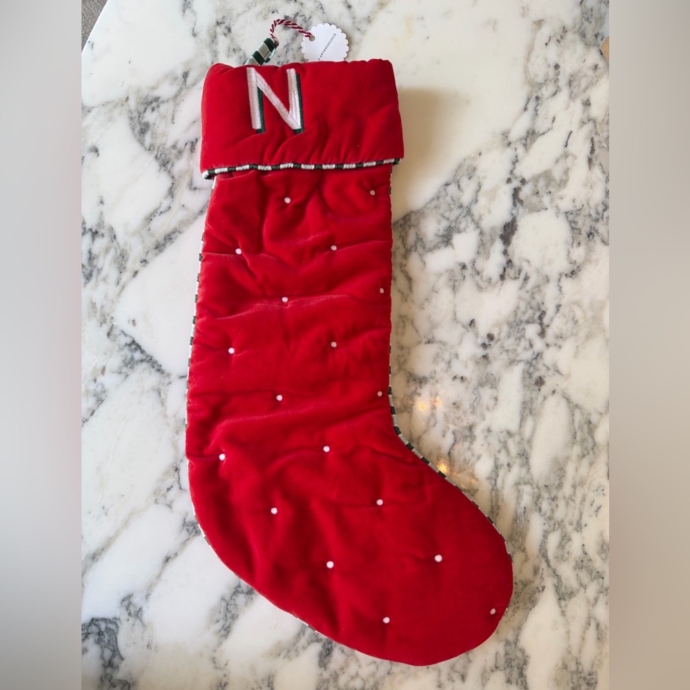 NWT Anthropologie Milo Velvet Monogram Stocking Initial “N” Red White Polkadots